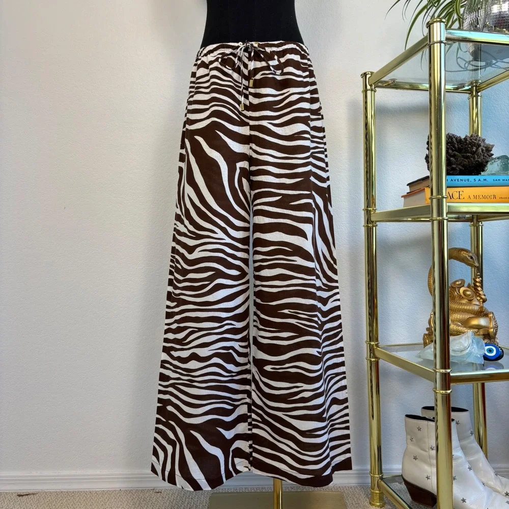 Michael Kors Brown Zebra Print Wide Leg Cotton Drawstring Pants Large Resortwear